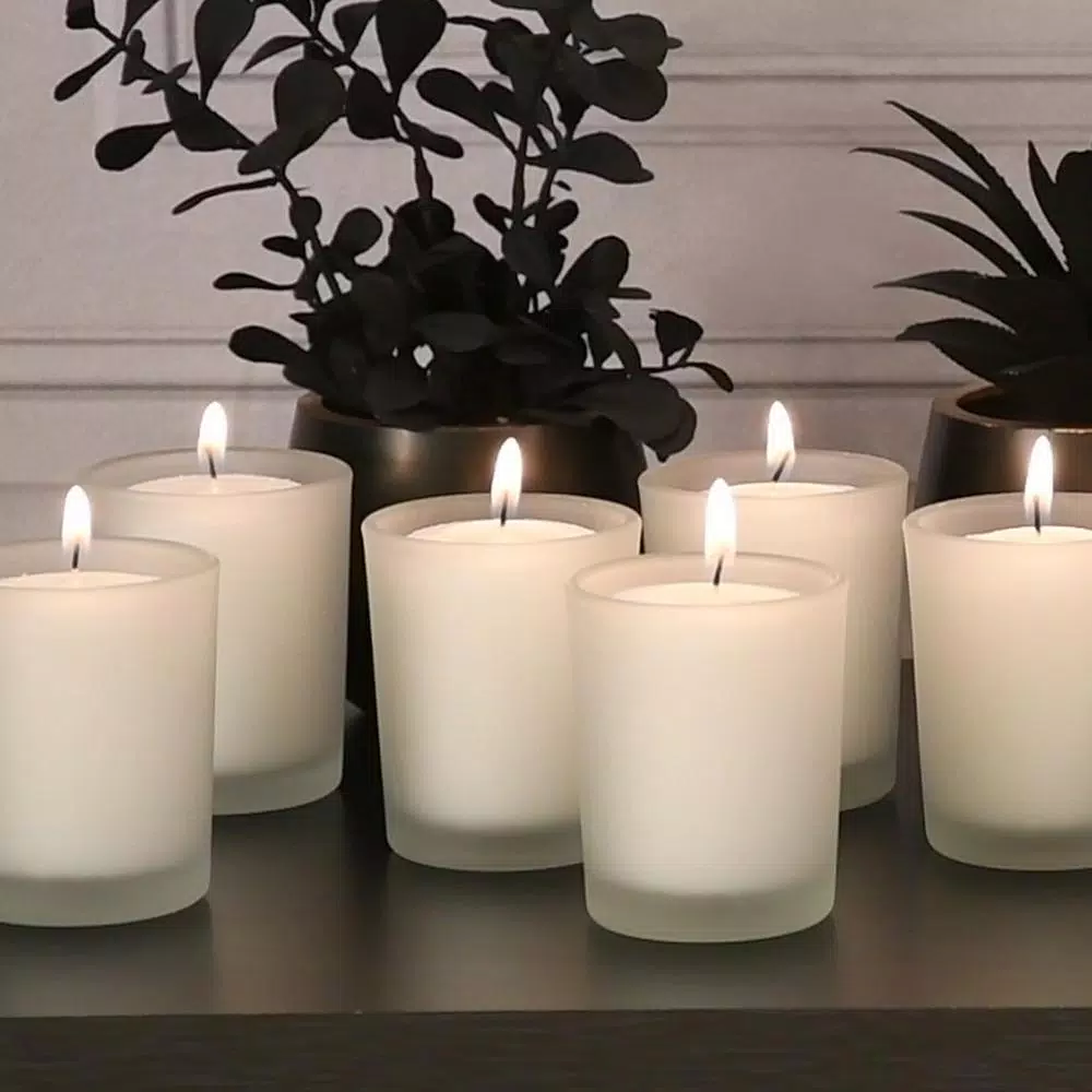 LUMABASE 12-Piece White Votive Candle Set with Frosted Glass Holders, 15-Hour Burn Time, Unscented Paraffin Wax