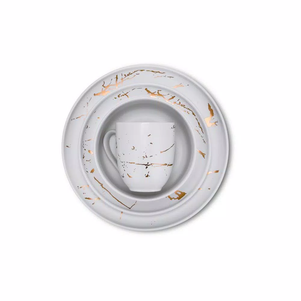 Stone Lain 32-Piece Porcelain Dinnerware Set, Gold Splash White Round Dishes for 8