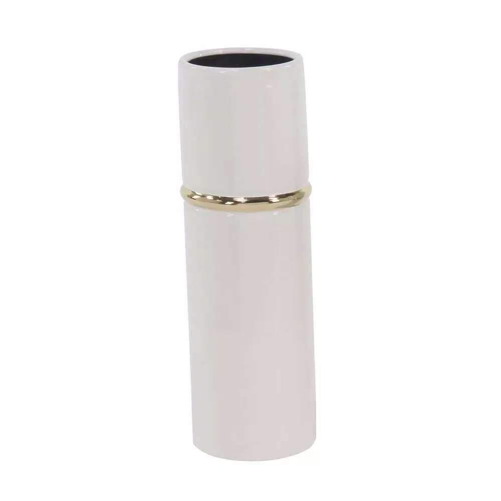 LITTON LANE White Ceramic Decorative Vase Set of 3 with Gold Lining Detail, Modern Cylinder Design