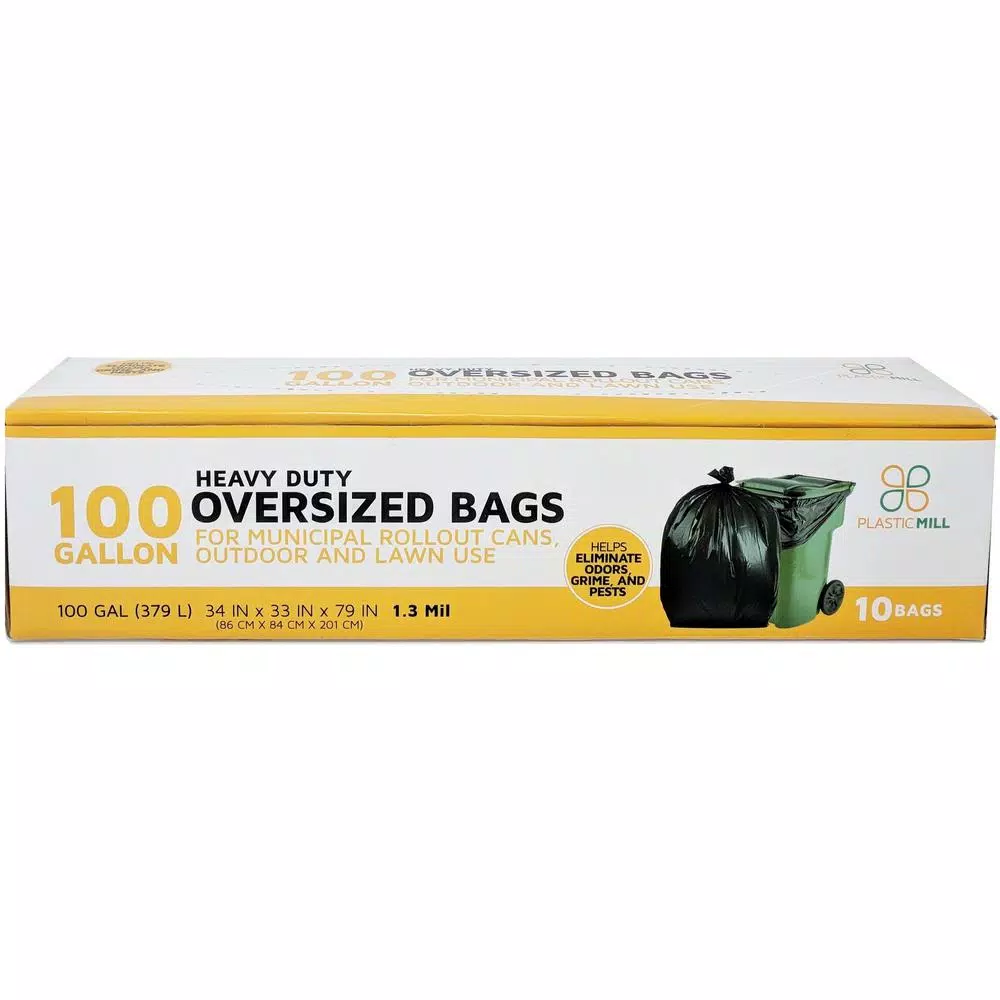 PlasticMill 100 Gallon Black Trash Bags, 1.3 mil Thick, 67 in. x 79 in. (10-Count)