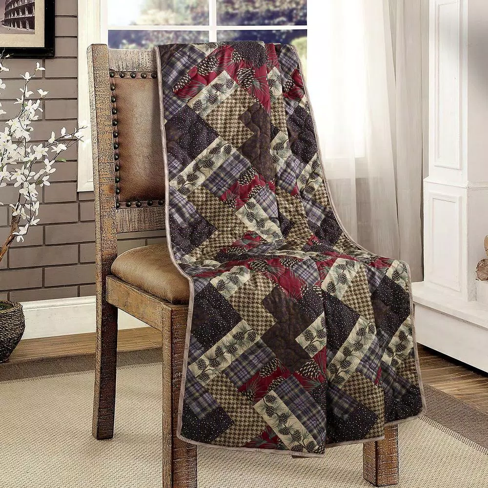 DONNA SHARP Hidden Valley Brown Microfiber Quilted Throw Blanket - Rustic Pinecone & Plaid Reversible Design