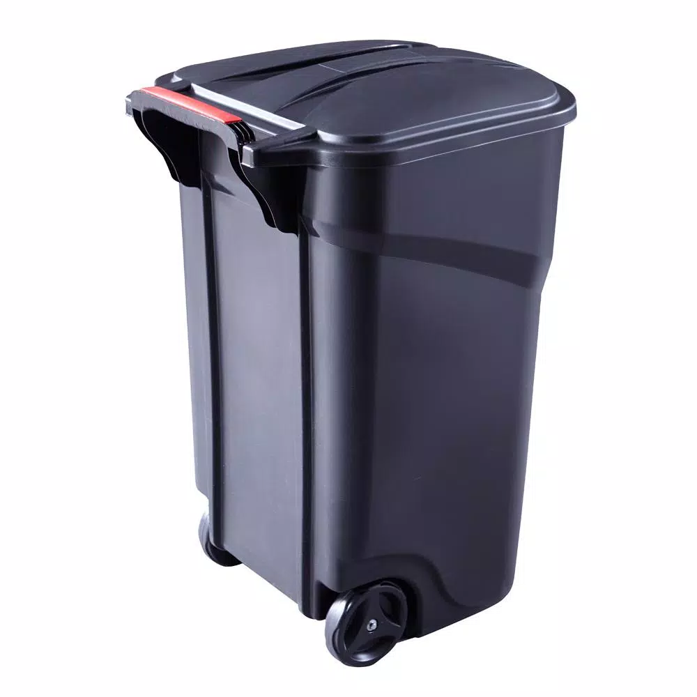 Rubbermaid Roughneck 45 Gallon Wheeled Trash Can with Hinged Lid, Black