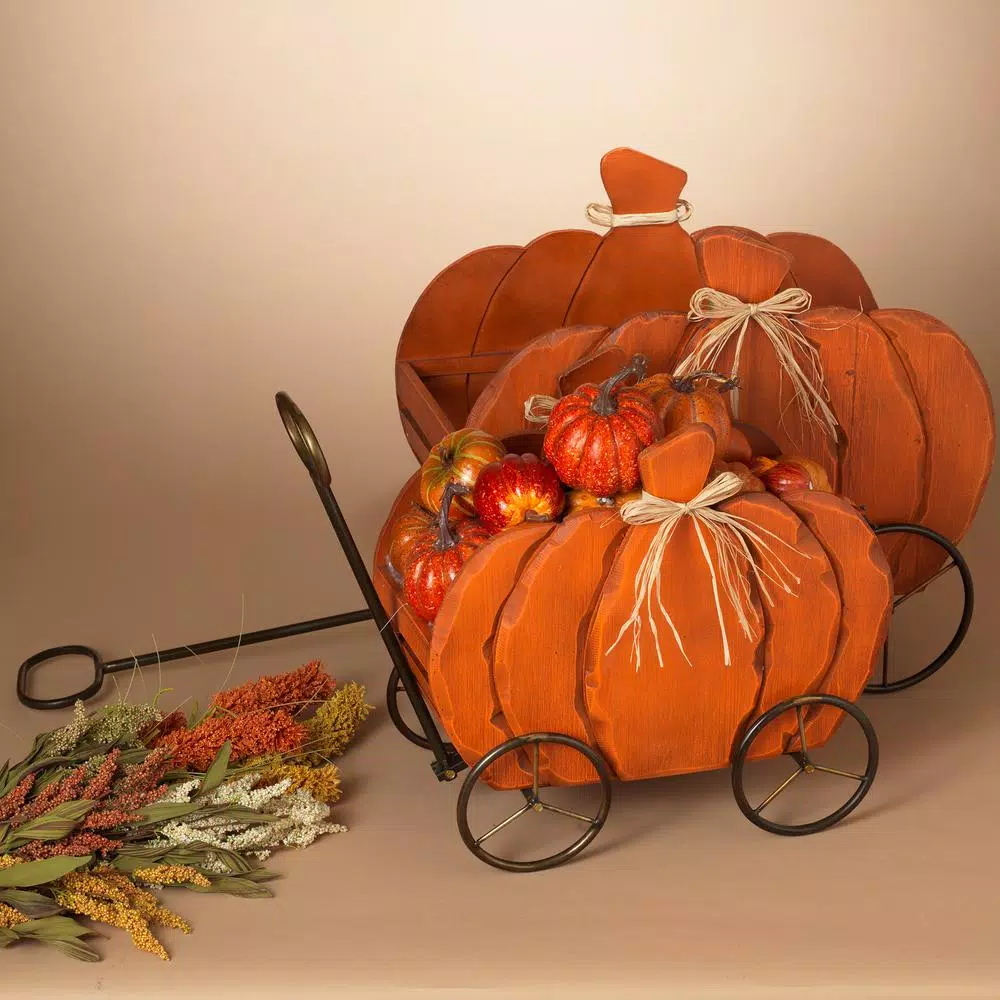 Gerson Assorted 21.85 in. Nesting Wood Pumpkin Wagons, Set of 2