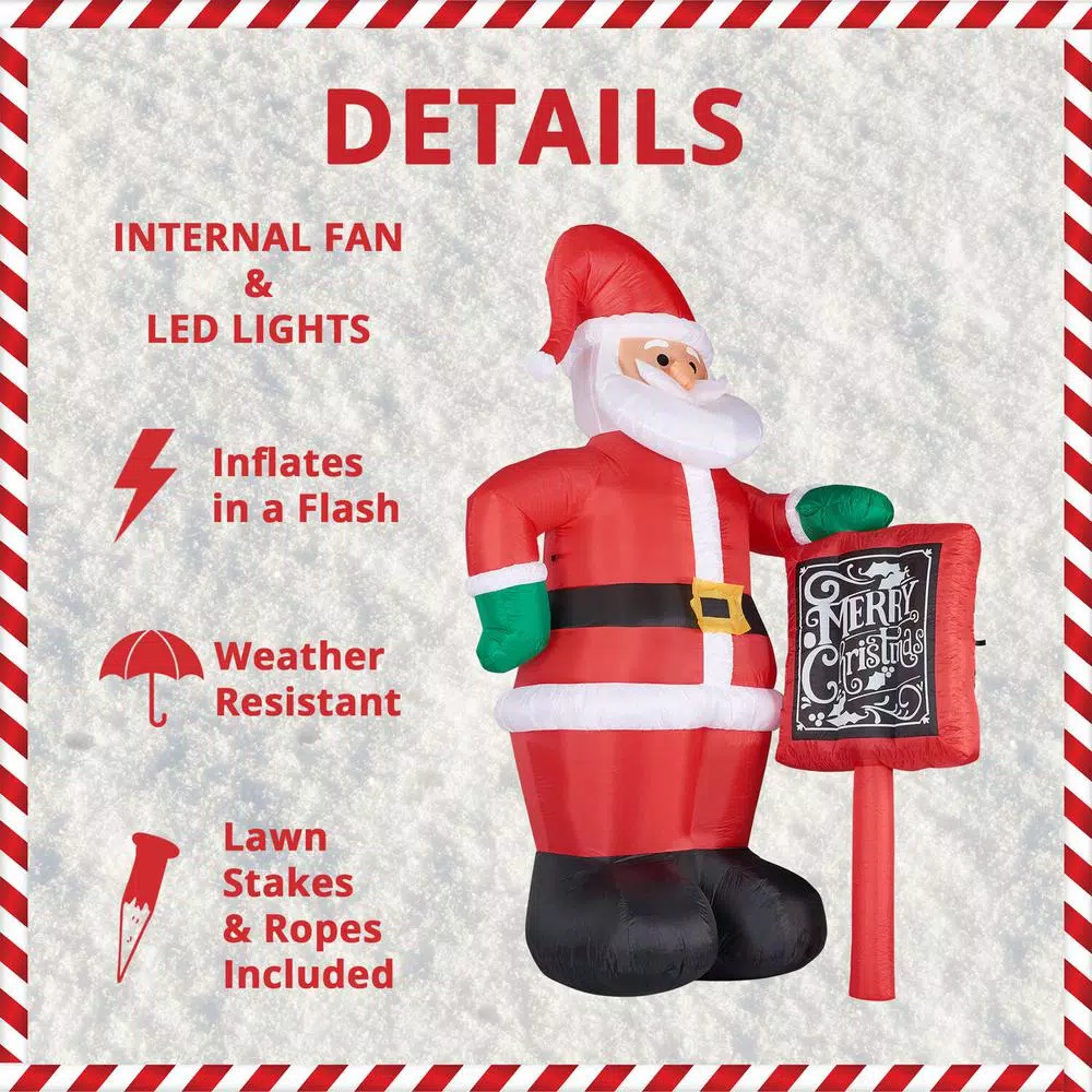 Fraser Hill Farm 10 ft. Santa Claus with Sign Christmas Inflatable with White Lights