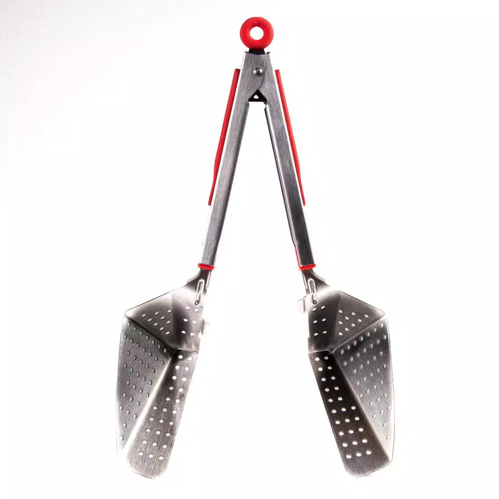 Chefright QuickScoop Red Colander Tongs with Soft Grips, Brushed Stainless Steel (Set of 2)