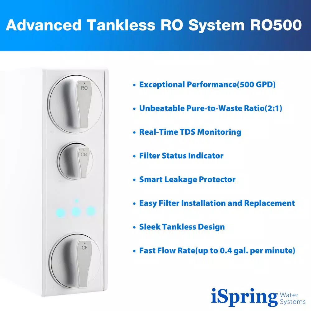 ISPRING RO500 Tankless Reverse Osmosis Water Filtration System with Smart Faucet, 500 GPD, 2:1 Pure to Drain Ratio