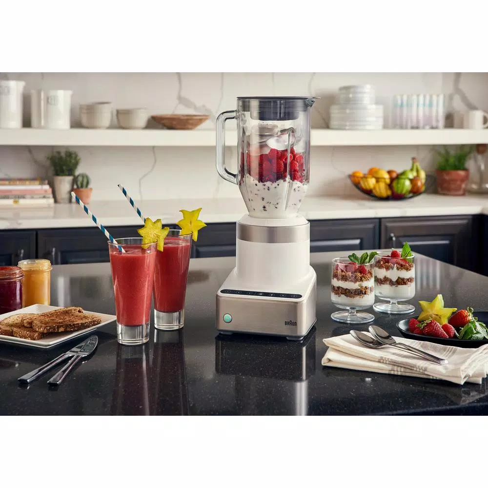 Braun PureMix 1000W Countertop Blender with 56 oz. Thermal Resistant Glass Jug, White and Stainless Steel