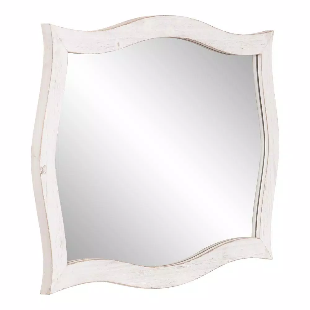Pinnacle White Scallop Framed Wall Mirror - Distressed Whitewash Solid Wood - 36.75 in. W x 24.25 in. H