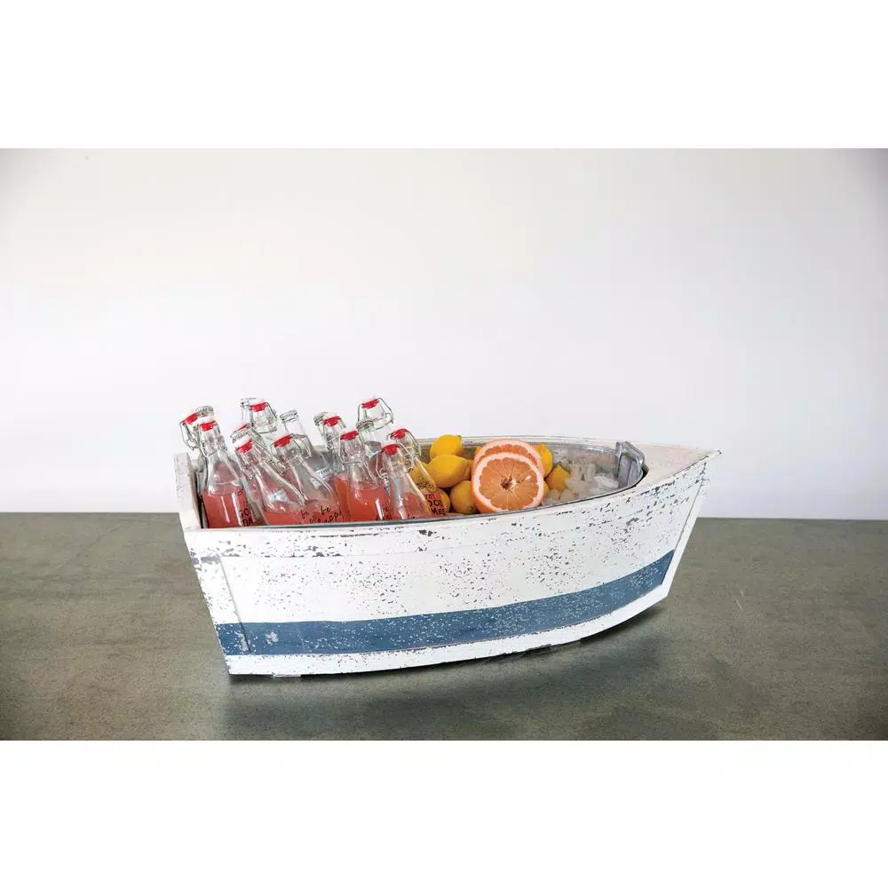 3R Studios Distressed Wood Decorative Boat with Tin Insert - Nautical Display Container